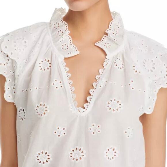 AQUA x BLOOMINGDALE'S | Ruffle Eyelet Collar Flutter Sleeve White Cotton | Large - Picture 2 of 11